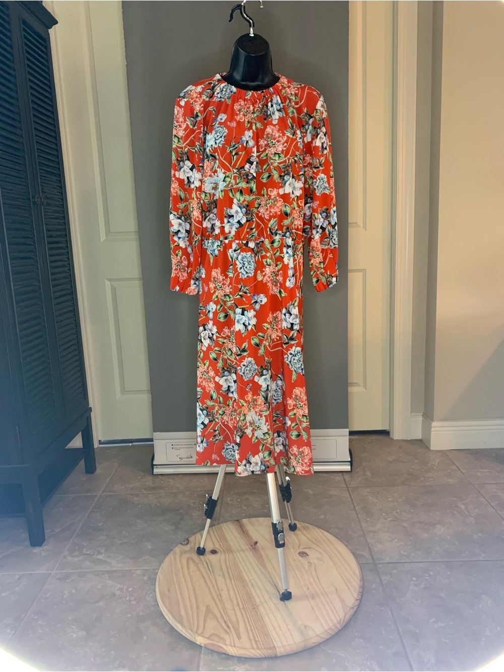 H&M Red Floral Midi Dress with Long Sleeves